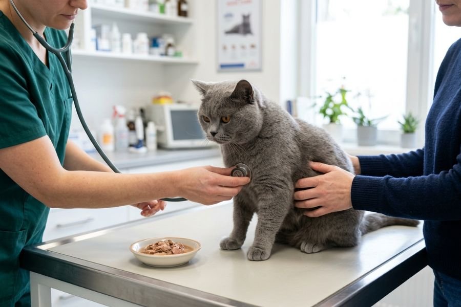 Gato British Shorthair durante una consulta veterinaria por pérdida de apetito mientras es examinado por un médico veterinario.