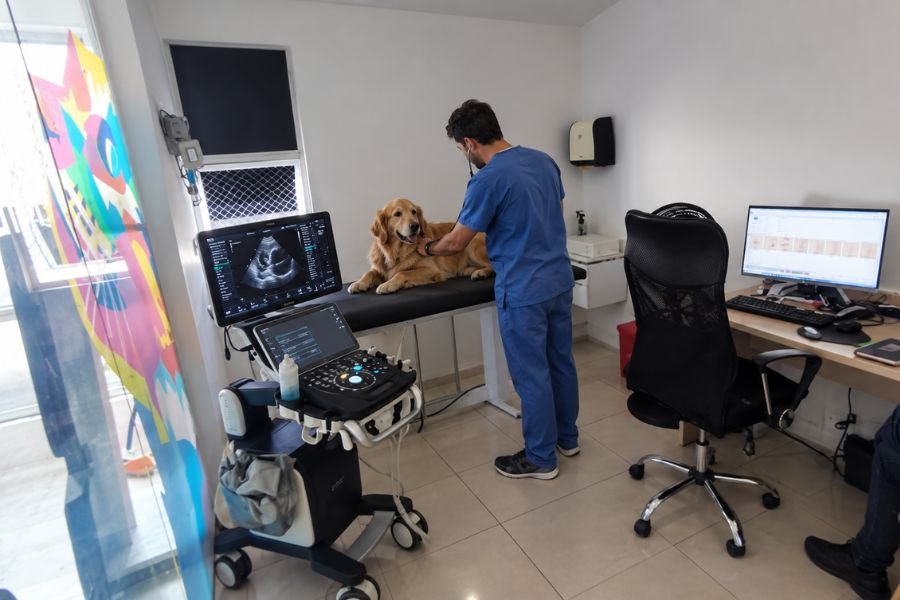 Veterinario realizando una ecocardiografía cardíaca a un perro