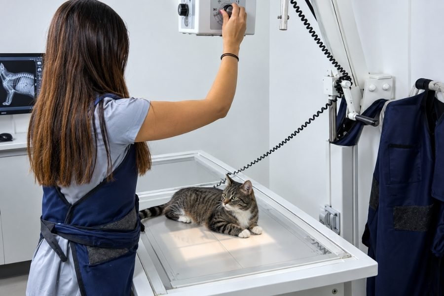 Radiografía veterinaria de un gato con equipo de rayos X digital